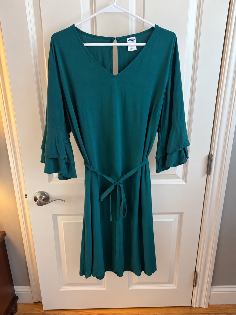 Old Navy Tall Teal V-Neck Tiered Sleeve Midi Dress with Tie Waist